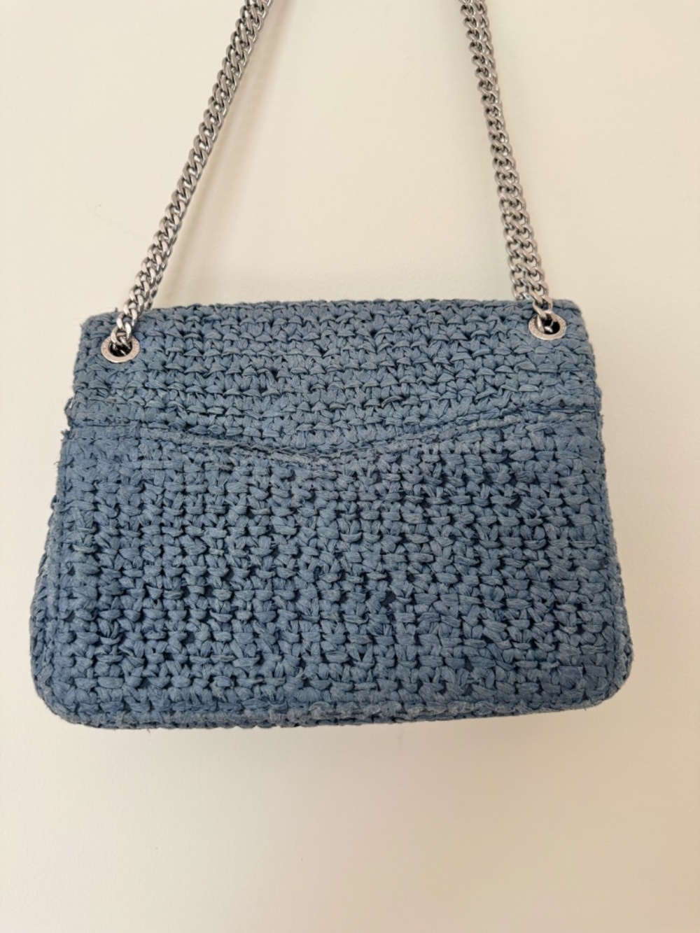 Sandro Raffia YZA Blue Woven Shoulder Bag with Chain Strap - Picture 9 of 14